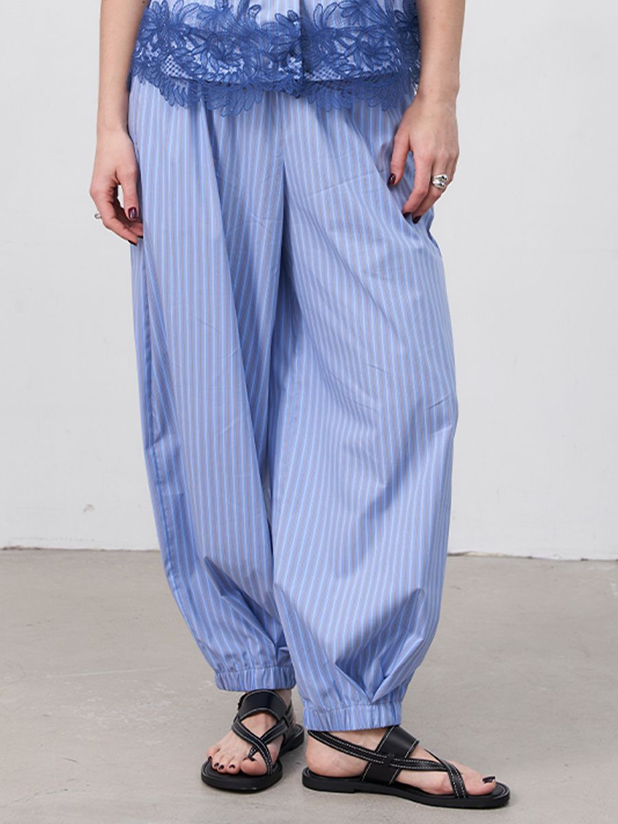 Камила брюки аладдины хлопок Полоса голубой василек р-р 44-46