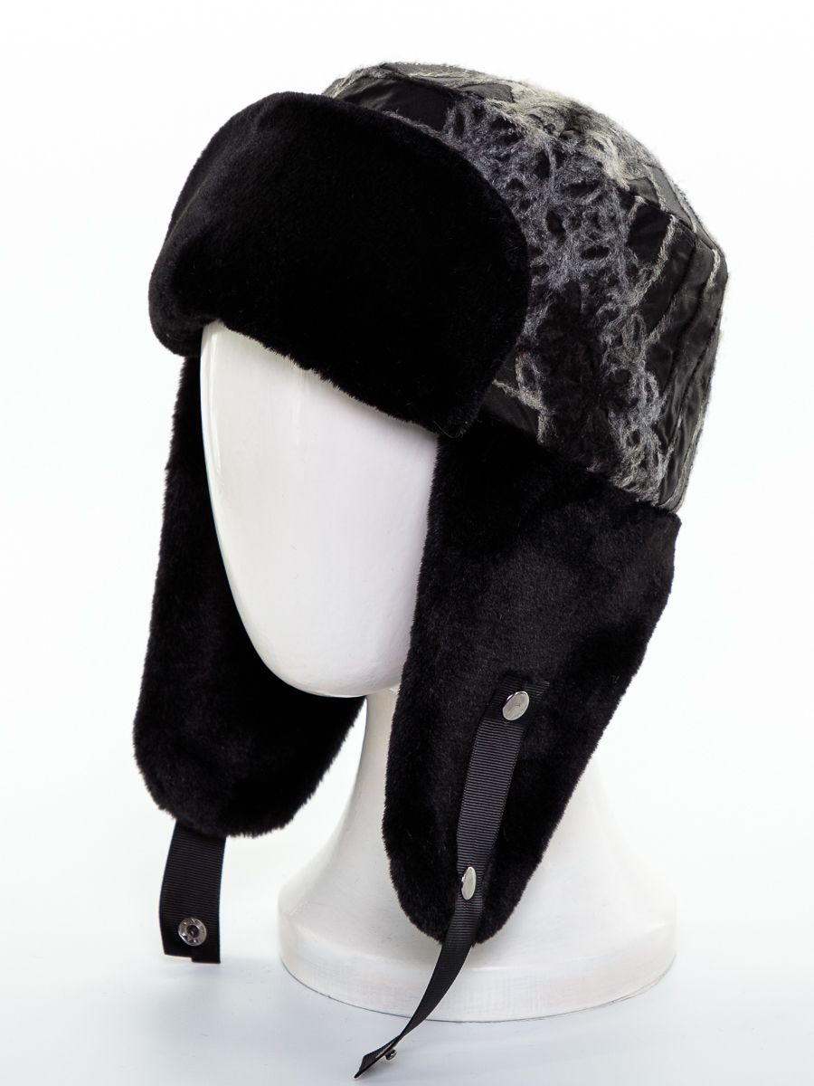 Тиффани ушанка плащевка ворс на утепл.п. черно-серый + экомех рекс черный