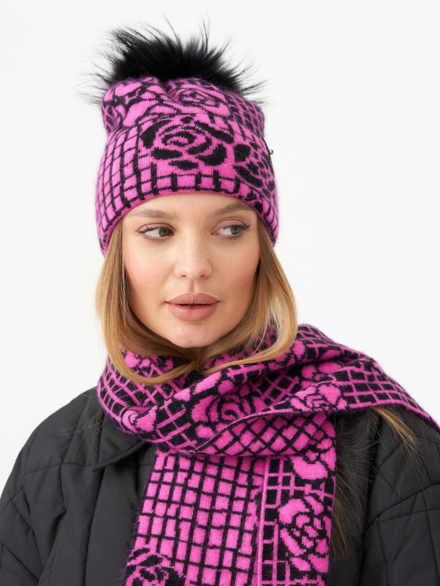Спенсер помпон комплект шапка + шарф енот фуксия + черный