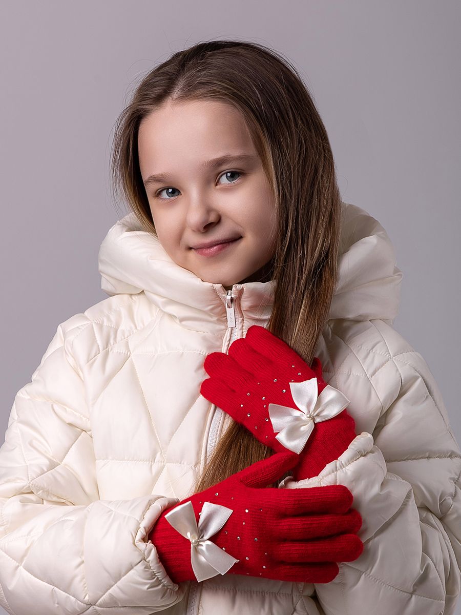 Медвежонок kids VIP перчатки вязка алый (отделка белый)