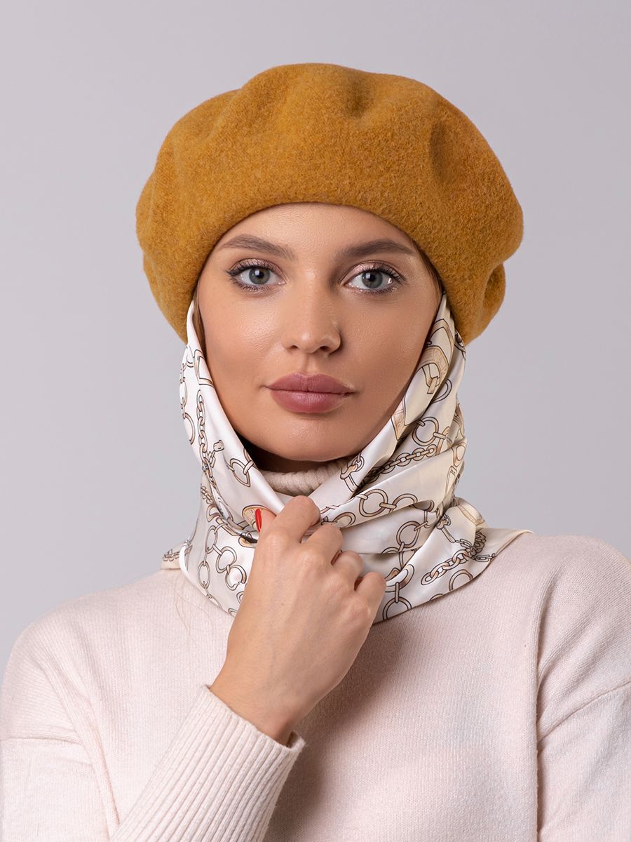 Ида берет с косынкой горчичный меланж 310945 + шелк винтаж молочный р-р 56-57