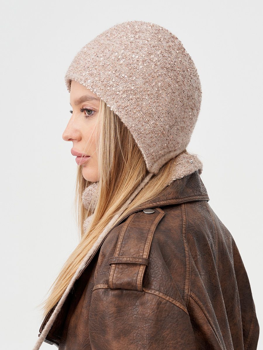 Фея чепчик с завязками альпака + пайетки капучино