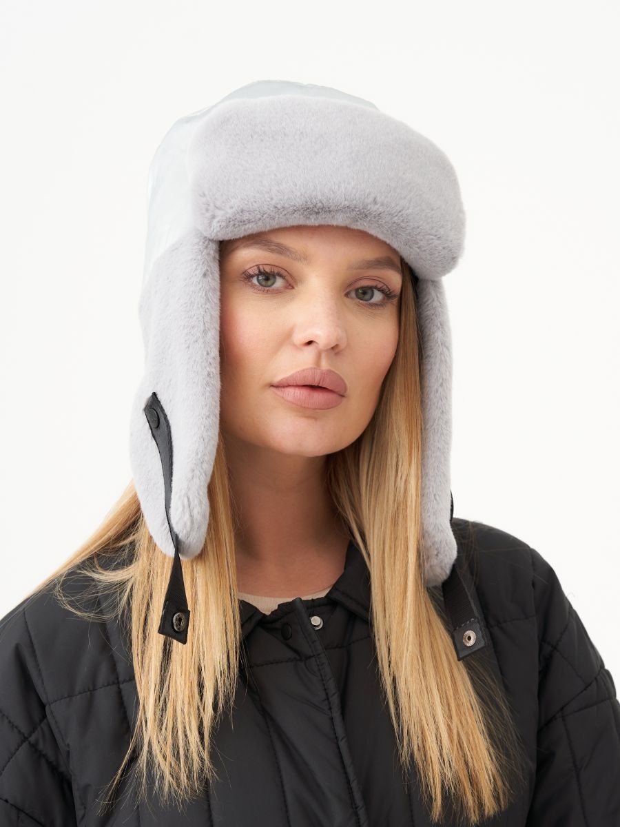 Тиффани ушанка плащевка на утепл.п. серебро + экомех рекс серый жемчуг