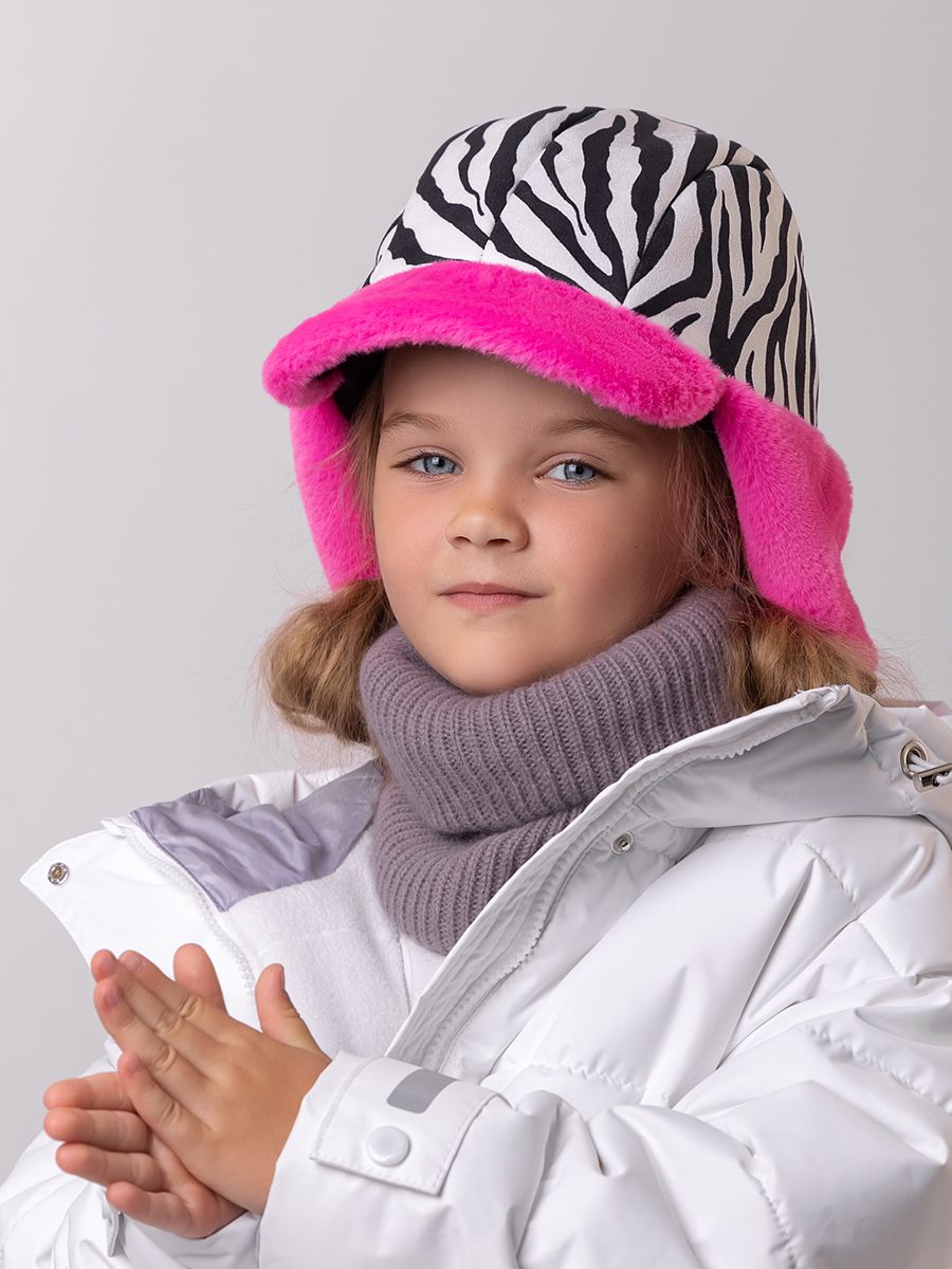 Римма ушанка-бомбер трикотаж зебра на утепл.п. бело - черный + экомех рекс фуксия р-р 54-55
