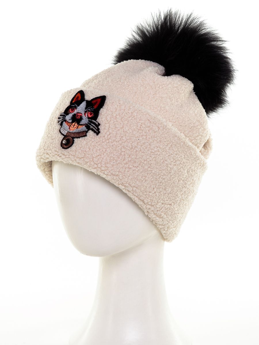 Кот помпон шапочка 020Б трикотаж барашек на фл.п. молочный р-р 54-55