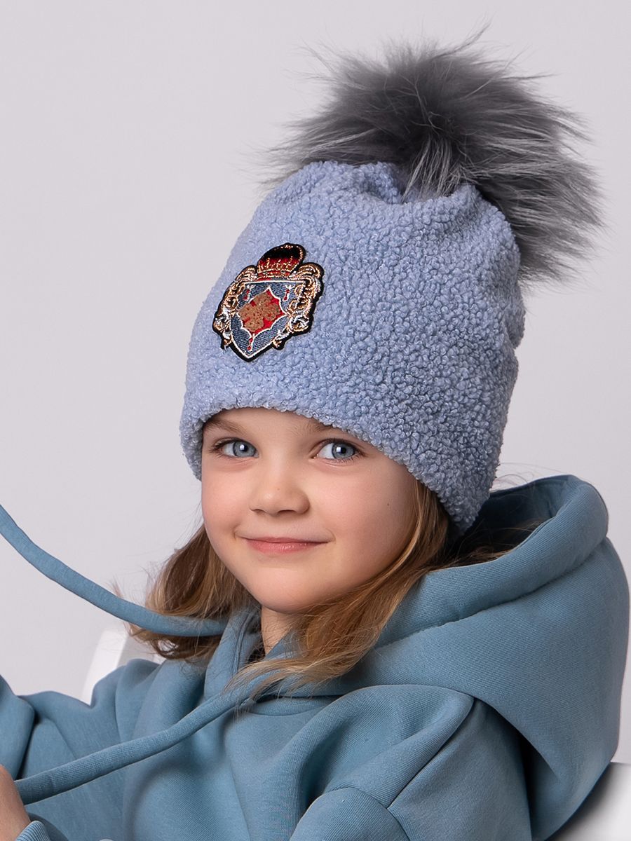 Бавария помпон шапочка 020/1 экомех тедди на фл.п. голубой р-р 54-55