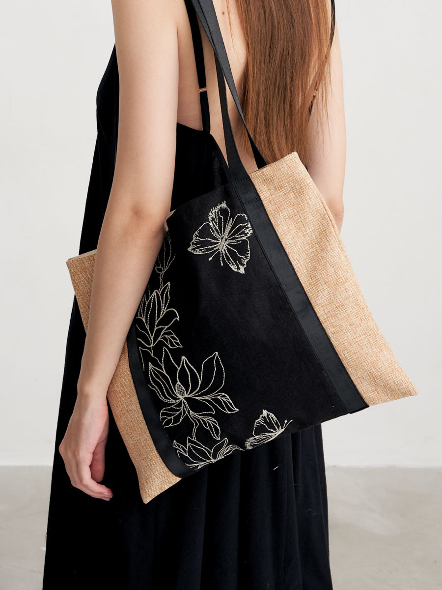Магнолия сумка-шоппер летняя резная лен черный + рогожка соломенный