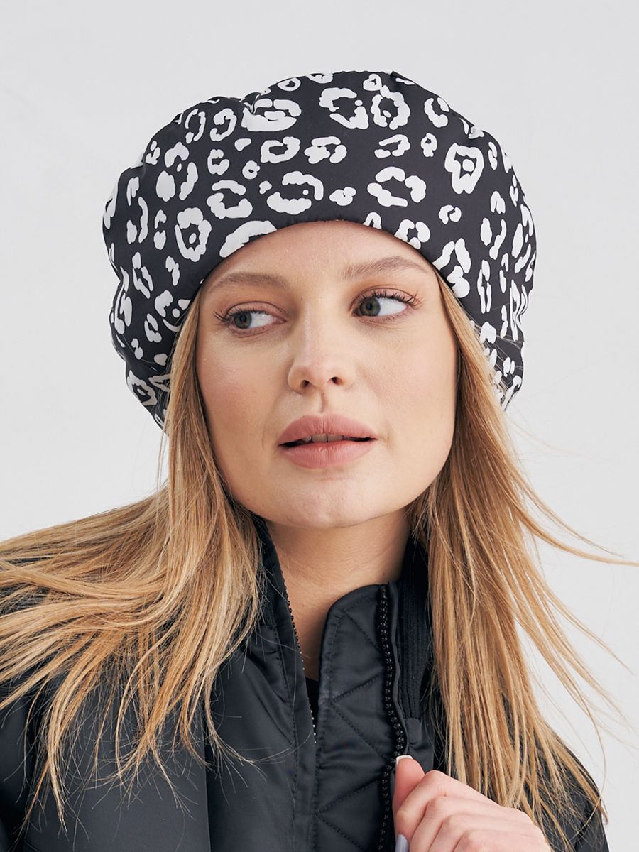 Ирэн берет плащевка леопард на тр.п. черно-белый