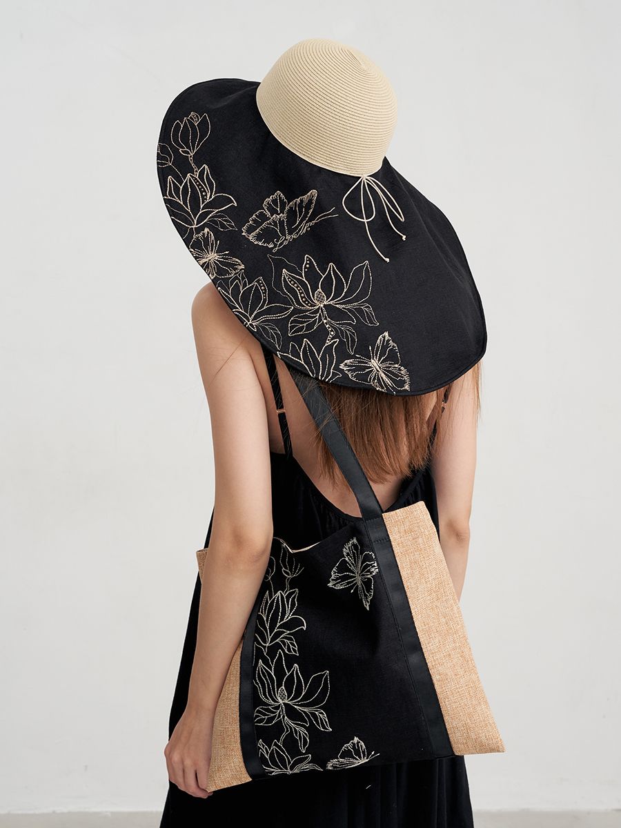 Магнолия супермакси шляпа солома бежевый + лен черный