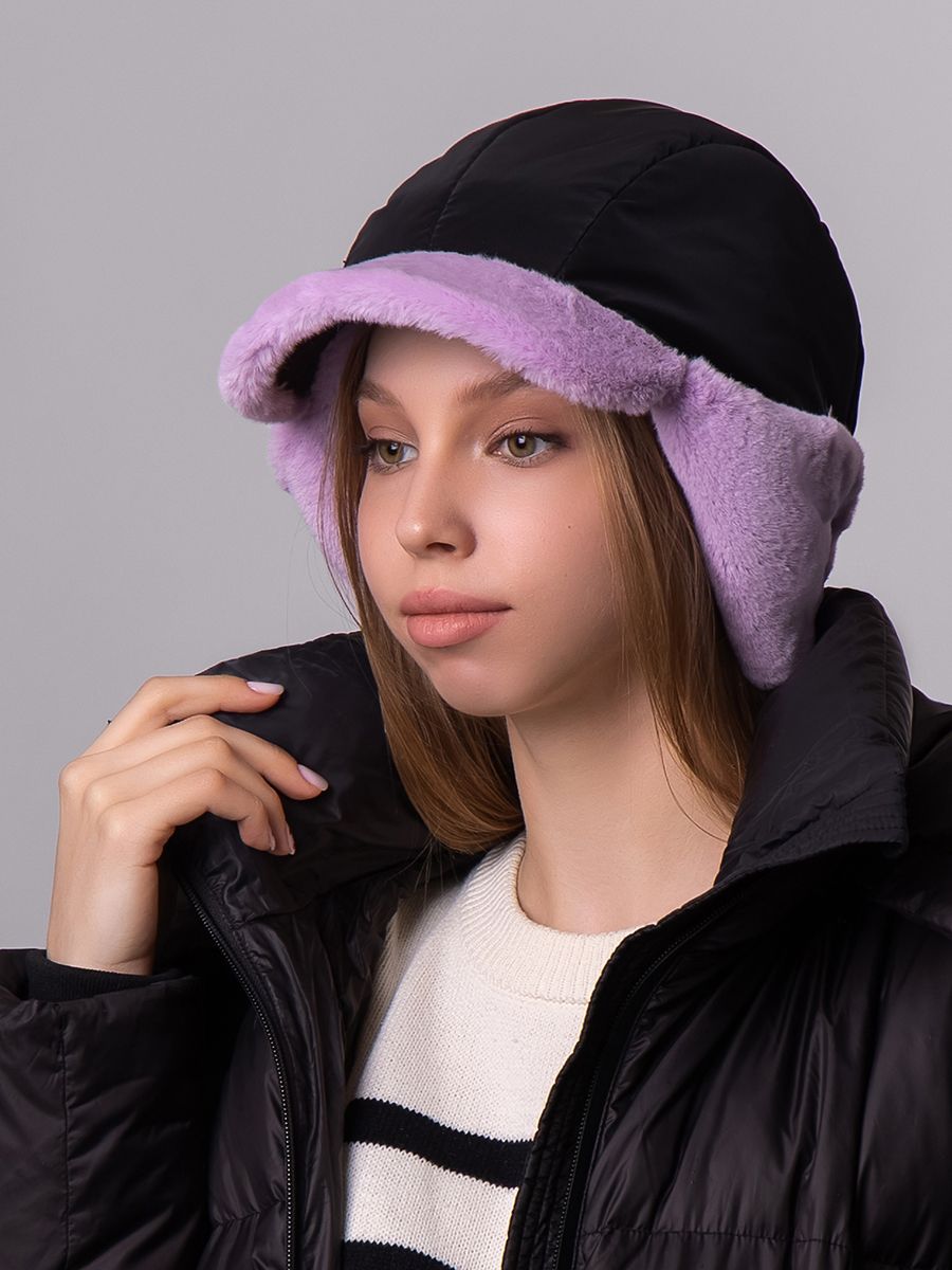 Римма ушанка - бомбер плащевка на утепл.п. черный антрацит + экомех рекс лавандовый р-р 52-53