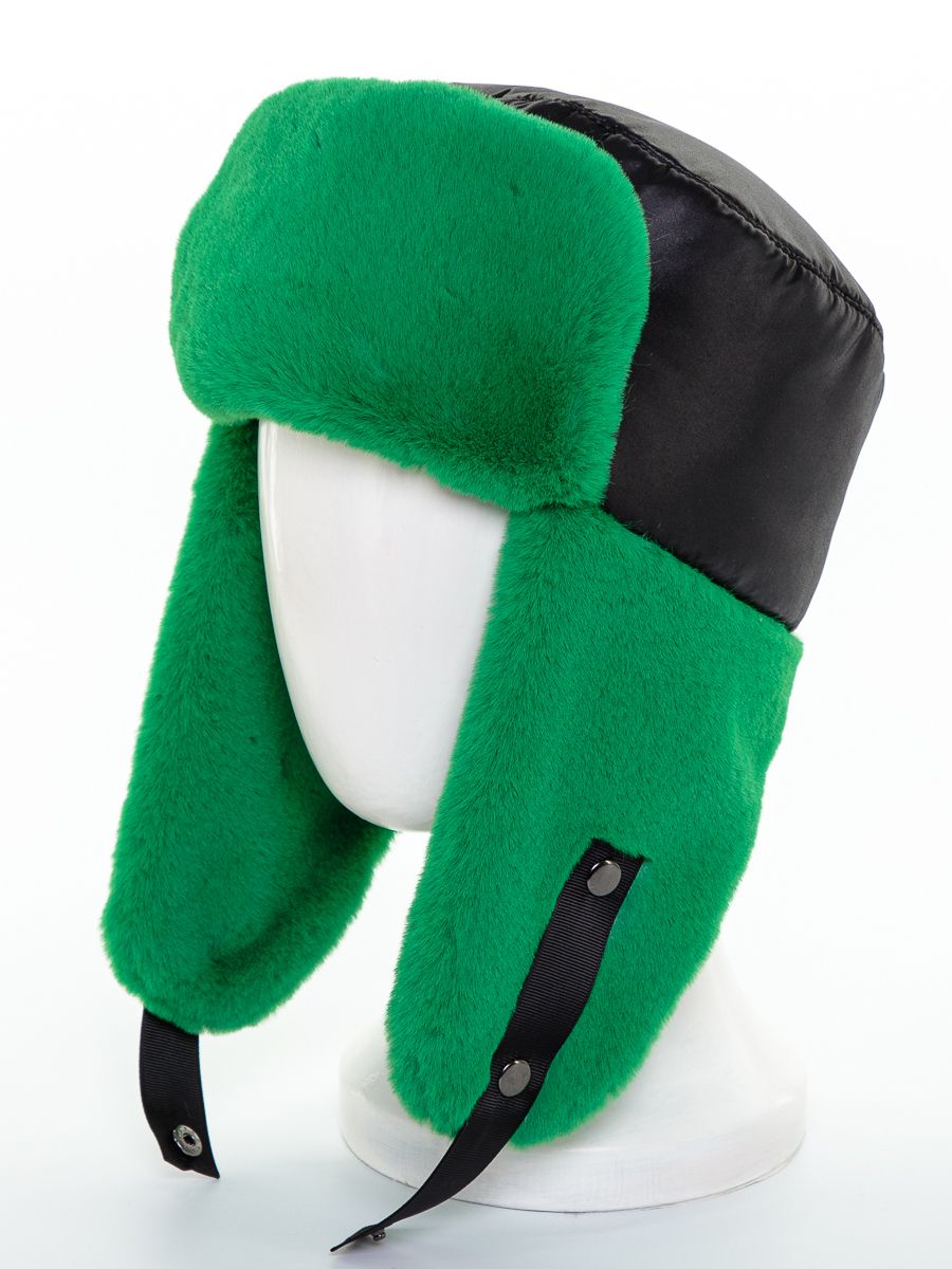 Тиффани ушанка + мини ушки плащевка на утепл.п. черный антрацит + экомех рекс зеленый р-р 52-53