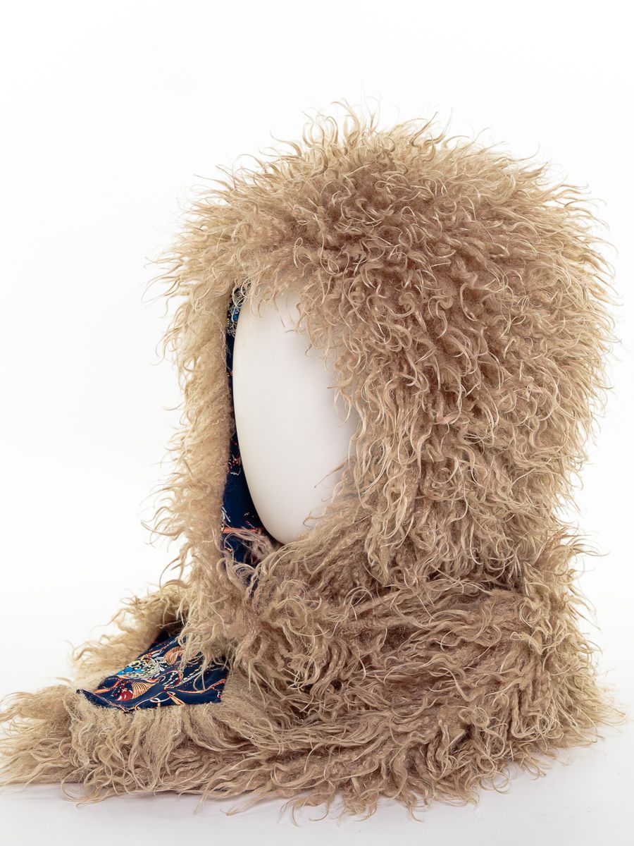 Леона капюшон экомех козлик бежевый + шелк фаберже синий