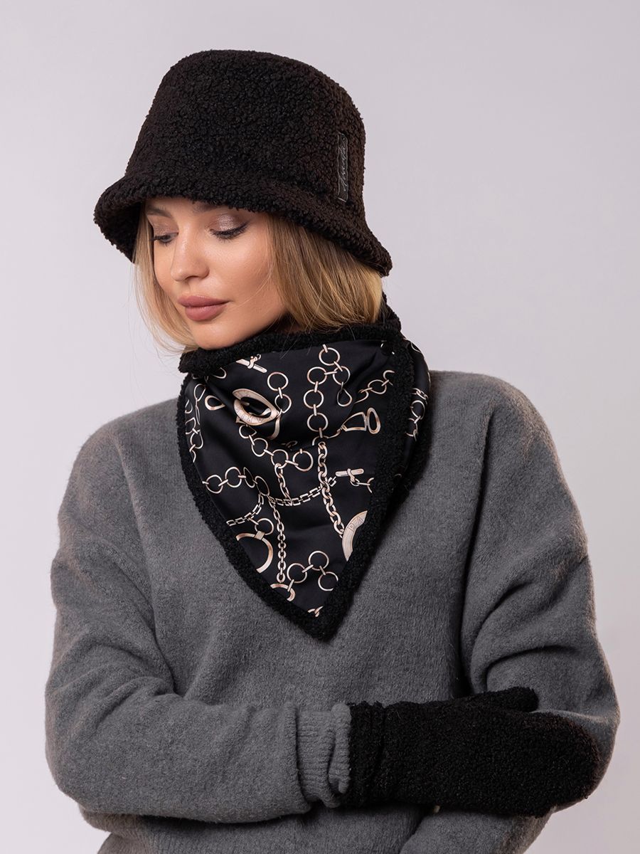 Шарф 013-23 шелк винтаж черный + трикотаж барашек черный