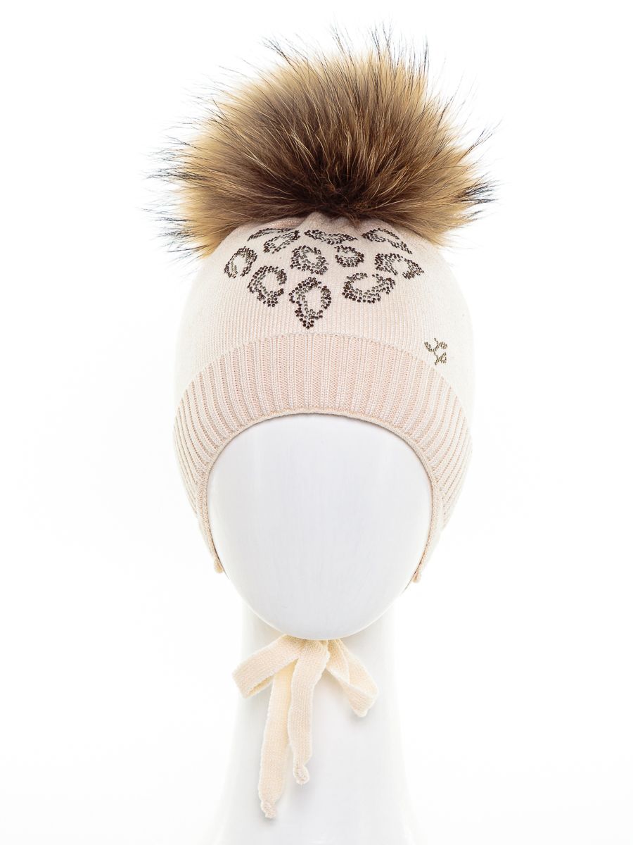 Сердечко леопард помпон kids VIP шапочка КТ вязка бежевый светлый р-р 44-46