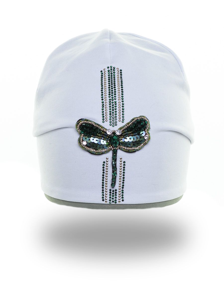 Стрекоза лампас шапочка Д1013 футер белый + полынь (отделка зеленый) р-р 52-53