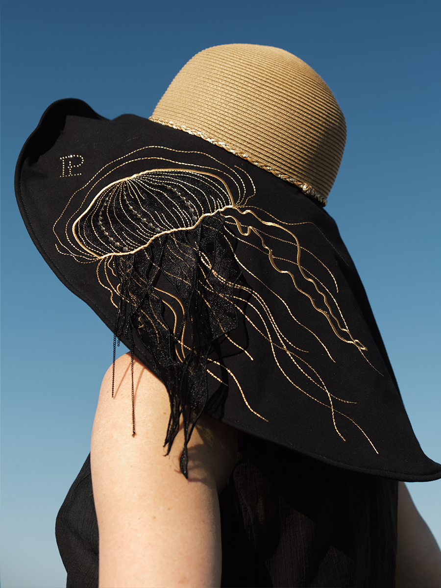 Медуза супермакси шляпа солома бежевый + лен черный