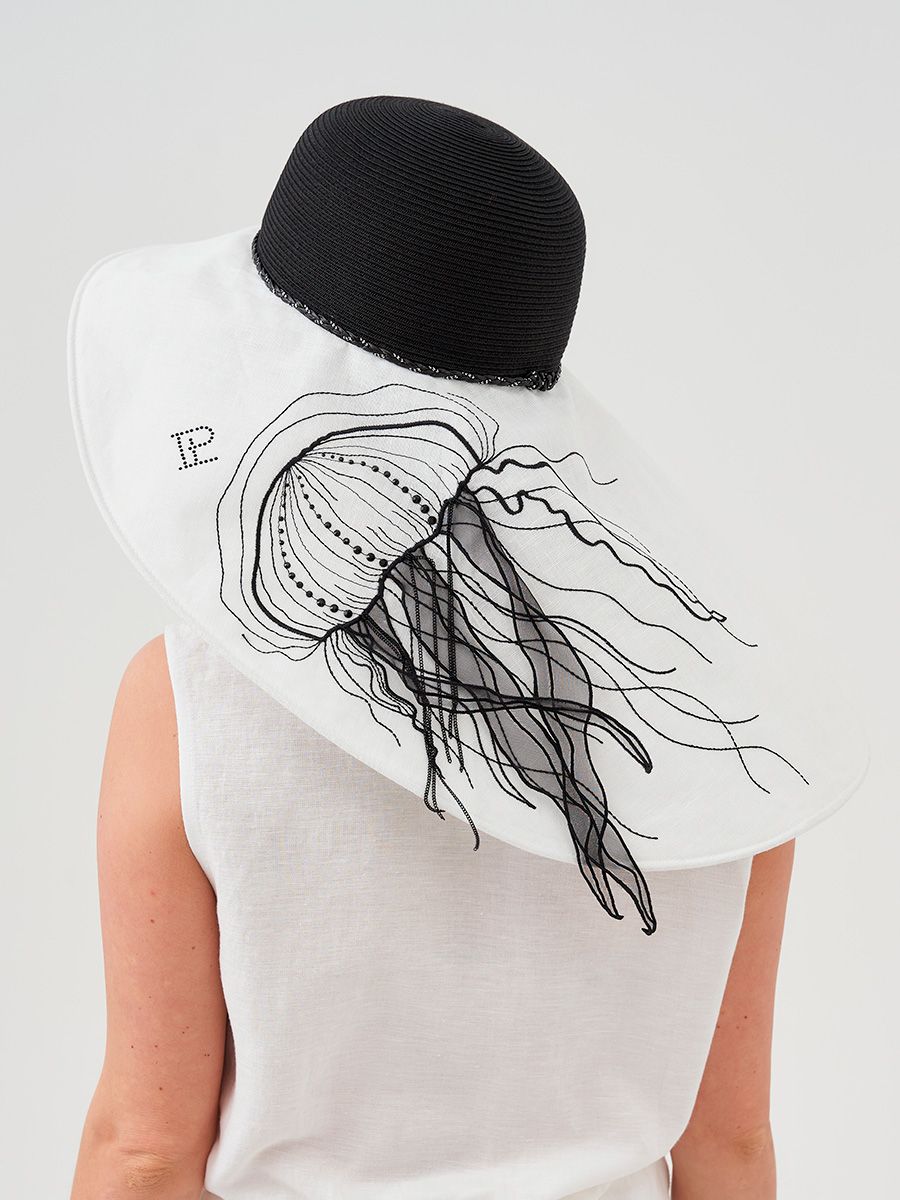 Медуза супермакси шляпа солома черный + лен белый