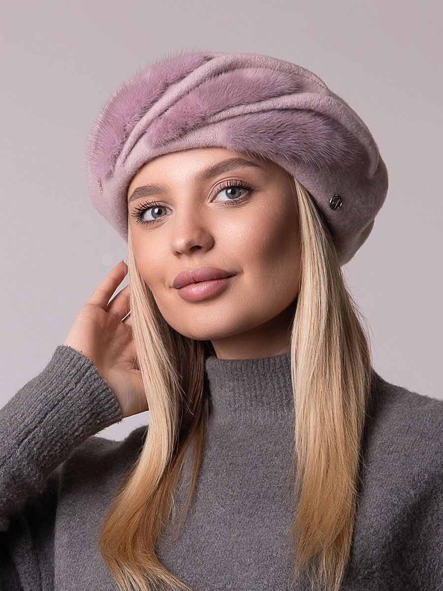 Сюзанна норка берет на фл.п. розово - сиреневый 040628 р-р 58-59