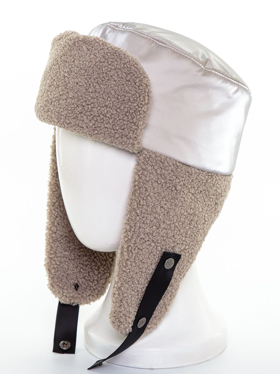 Тиффани ушанка плащевка на утепл.п. бежевый перламутр + трикотаж барашек пепельный