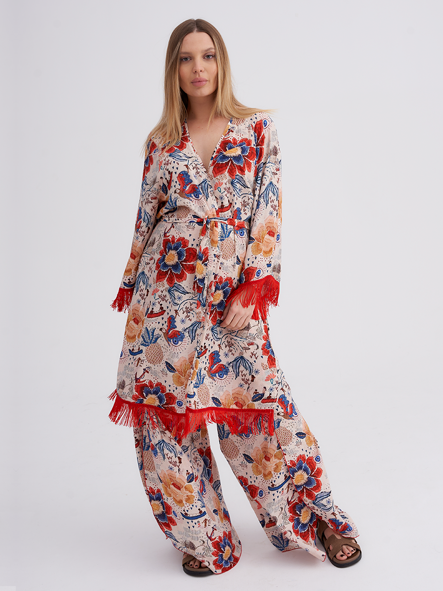 Виолета комплект халат короткий + брюки с запахом вискоза Вояж красный р-р L