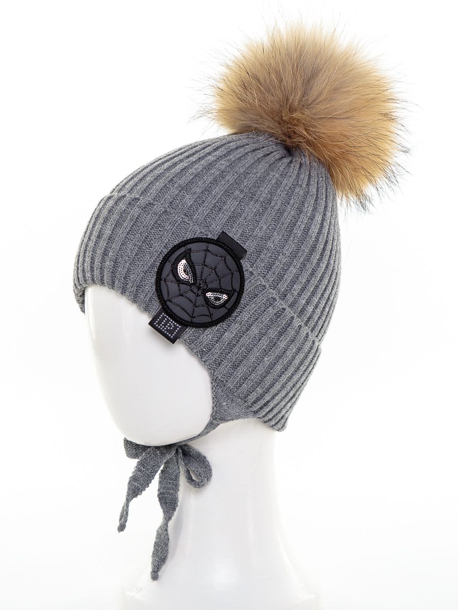 Спайдермэн шеврон помпон kids VIP шапочка МЛ boy вязка серый темный р-р 52-54