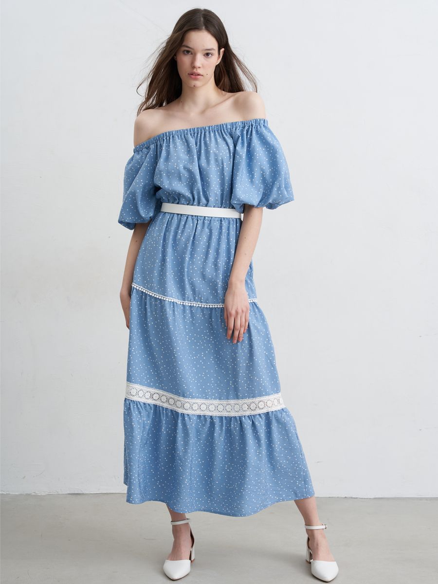 Кармен платье вискоза горошек Конфетти голубой нежный р-р 42-44