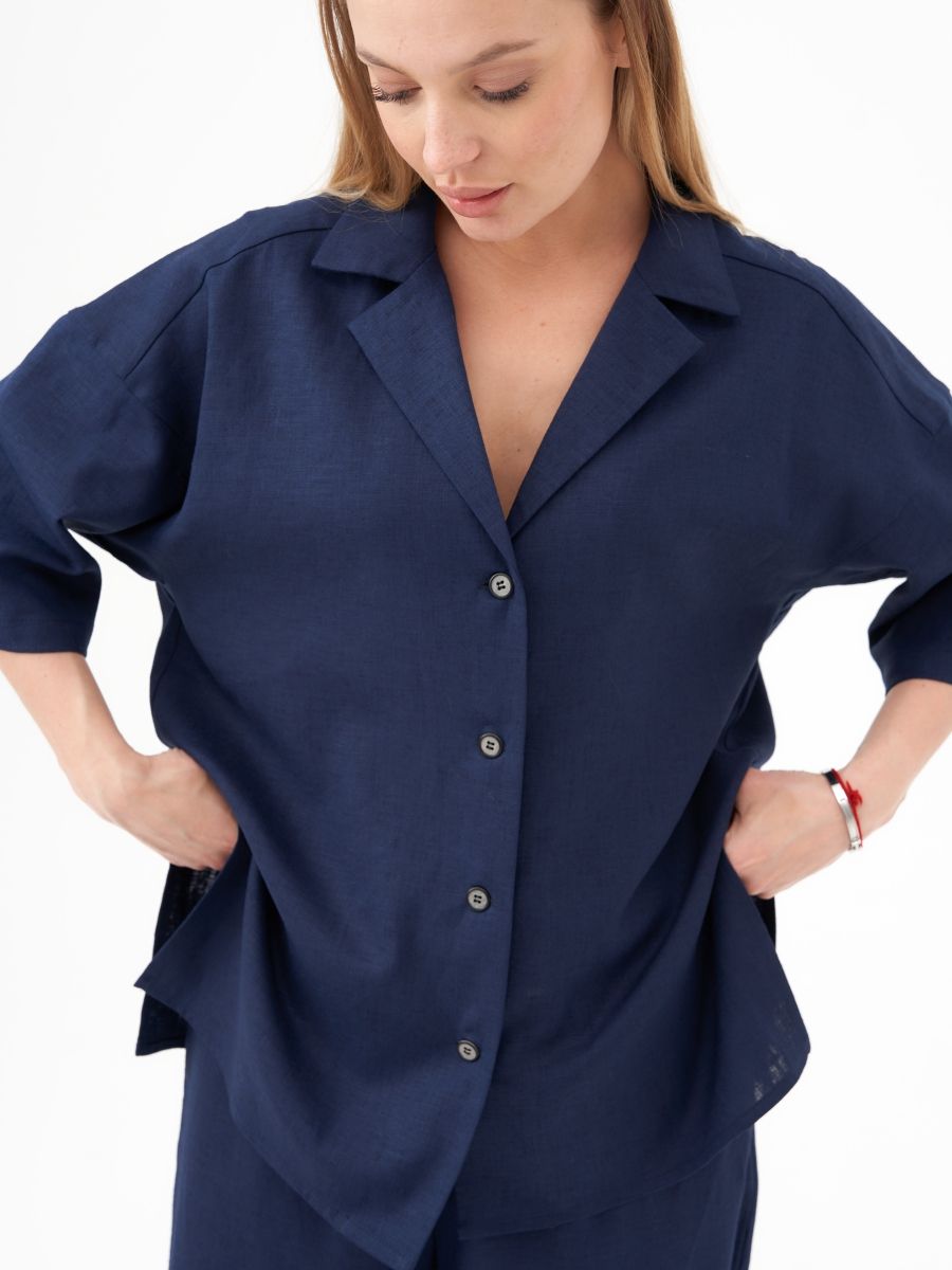 Гавайка блуза-рубашка лен с вискозой синий темный р-р S