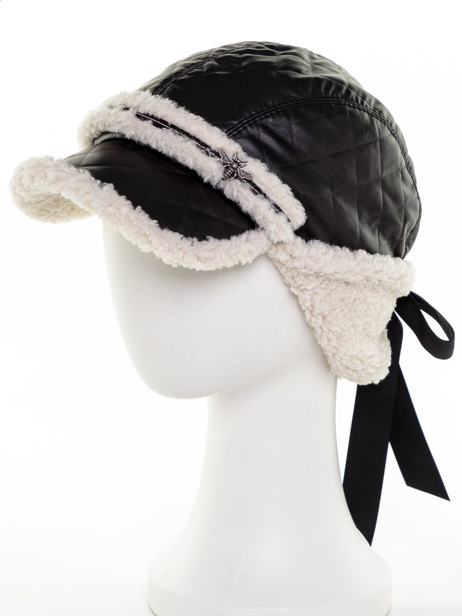 Римма муха VIP ушанка-бомбер термостежка на фл.п. черный + экомех тедди молочный р-р 54-55