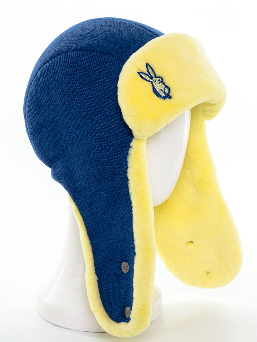 Герда кроль шеврон ушанка трикотаж Б2 на тр.п. синий светлый + экомех рекс лимонный р-р 54-55