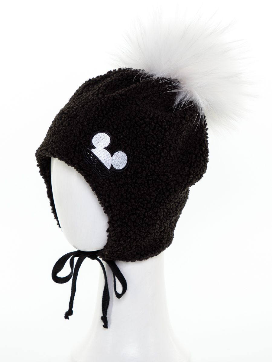 Мышонок в очках помпон шапочка 031У трикотаж барашек на фл.п. черный р-р 54-55