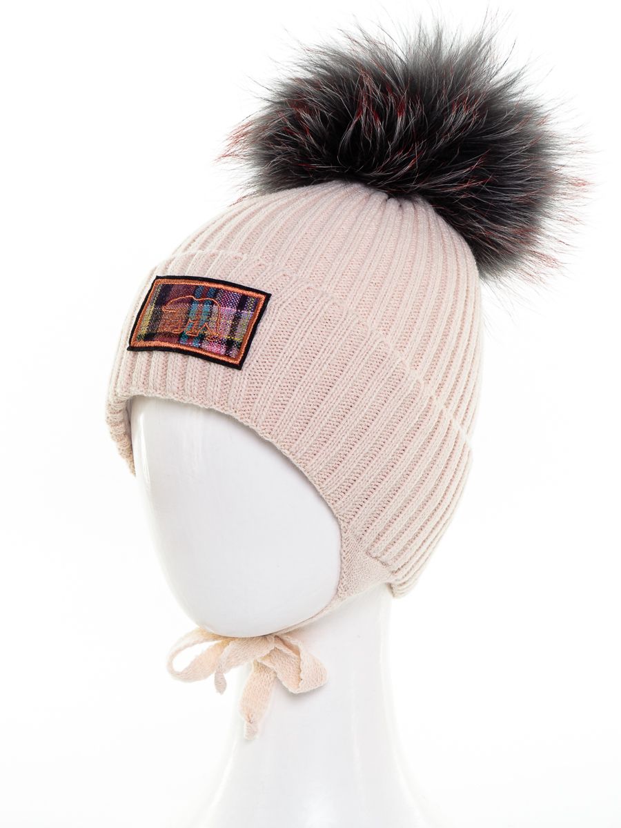 Медведь клетка шеврон помпон kids VIP шапочка МЛ вязка бежевый светлый р-р 52-54