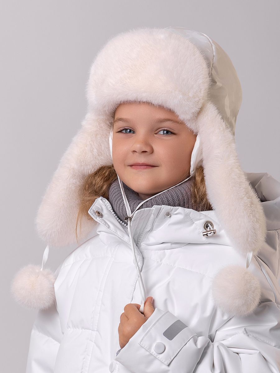 Джулия ушанка плащевка милитари на утепл.п. розовый + экомех рекс белый р-р 50-51