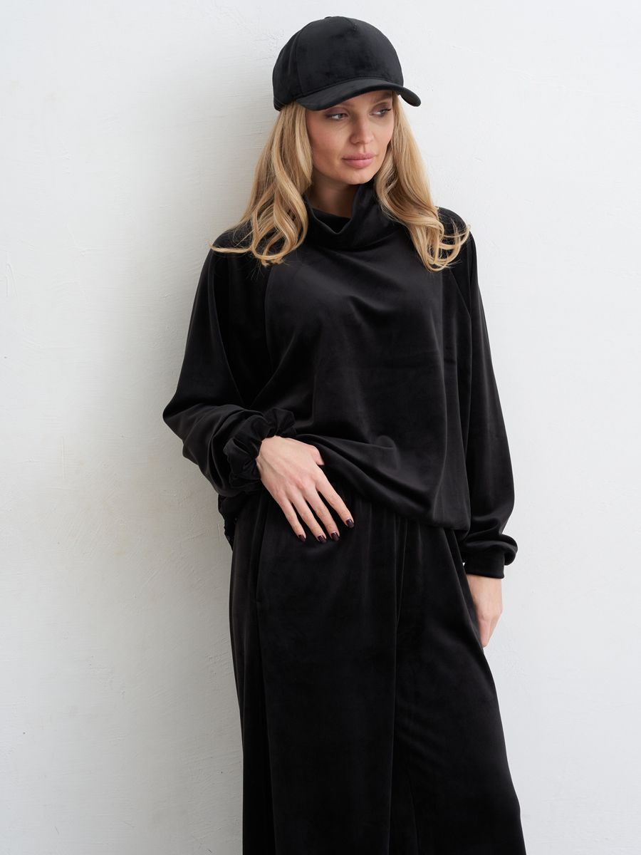 Хризантема комплект свитшот + брюки велюр черный + кружево Хризантема черный р-р 44-46 