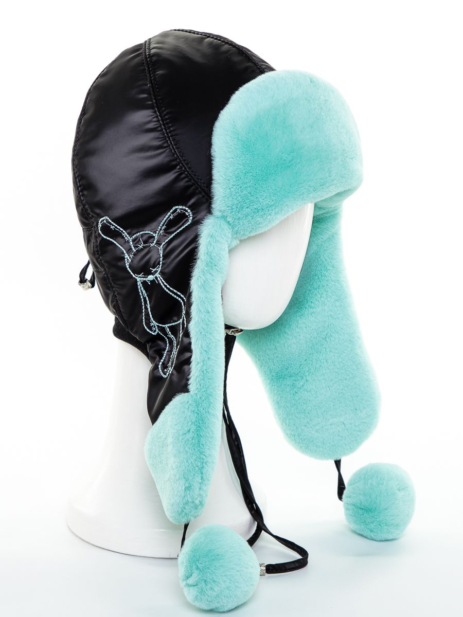Джулия заяц ушанка плащевка на утепл.п. черный антрацит + экомех рекс аквамариновый р-р 52-53