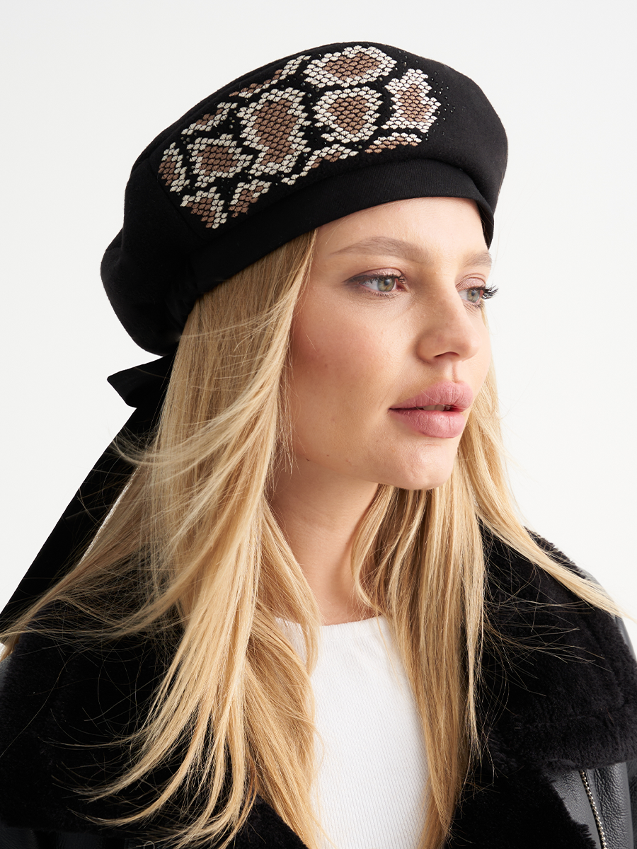 Жанна Экзотика берет кашемир на тр.п. черный + хлопок черный (отд.бежевый)