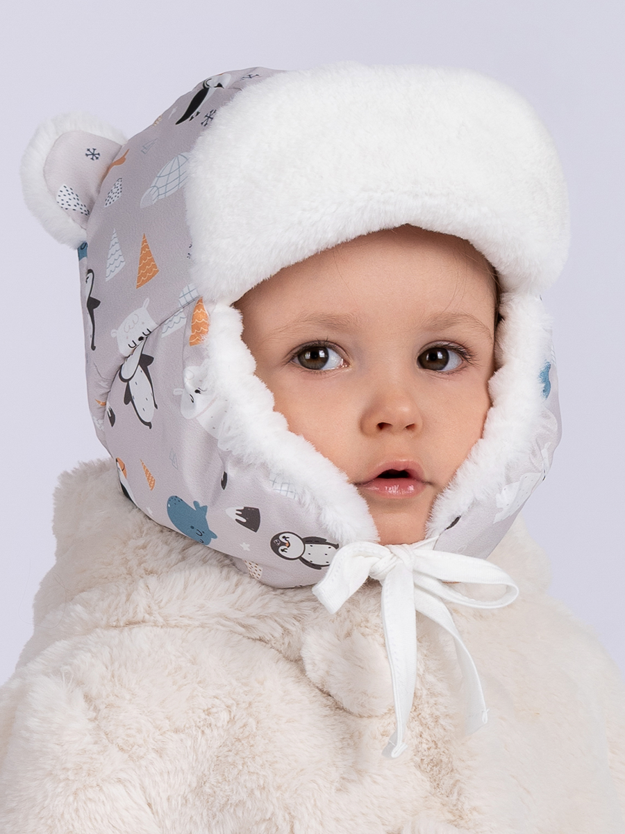 Мишка шапочка плащевка пингвины на утепл.п. серый + экомех рекс белый р-р 52