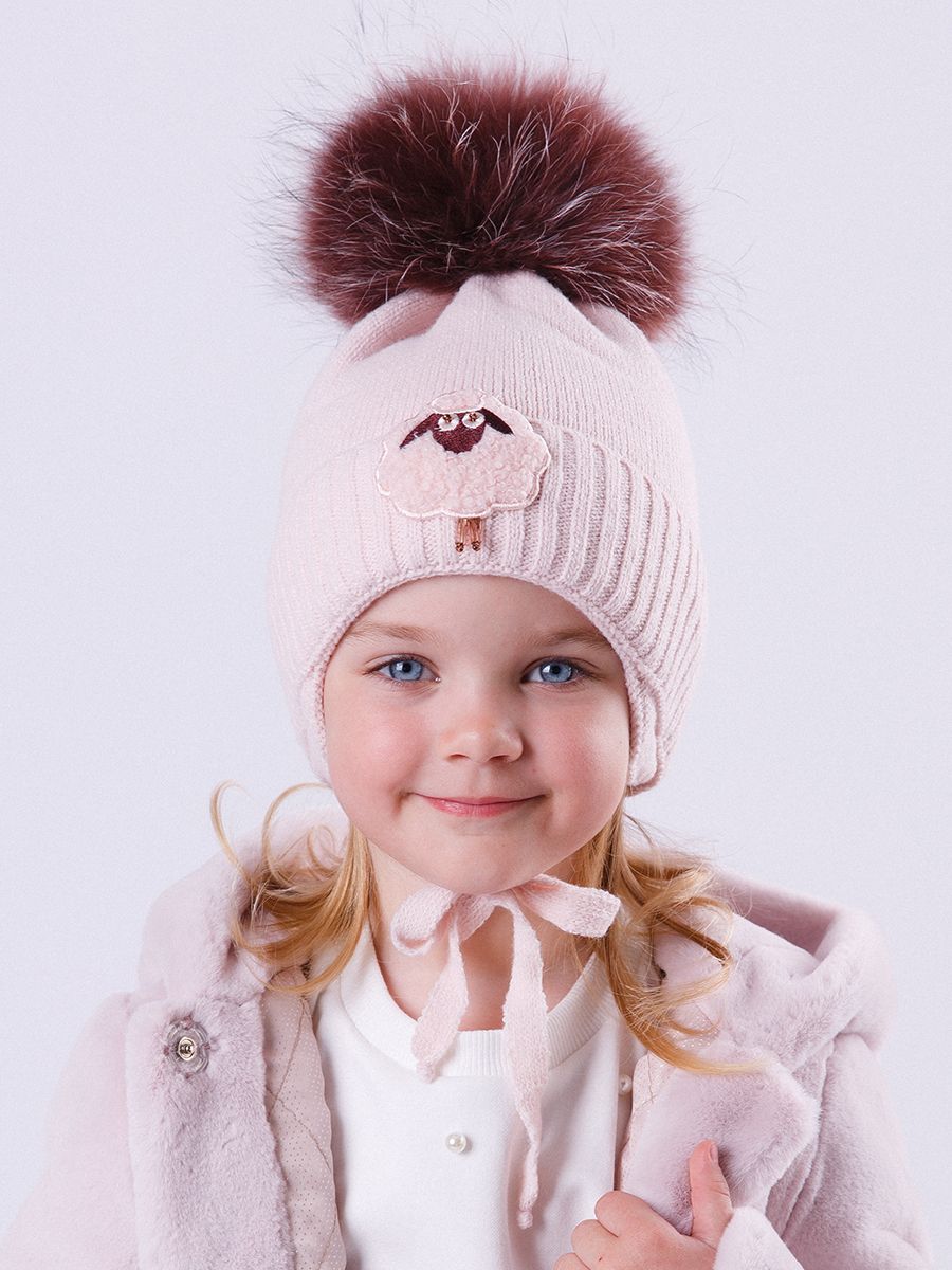 Барашек шеврон помпон kids VIP шапочка 003 вязка розовый бледный р-р 50-52