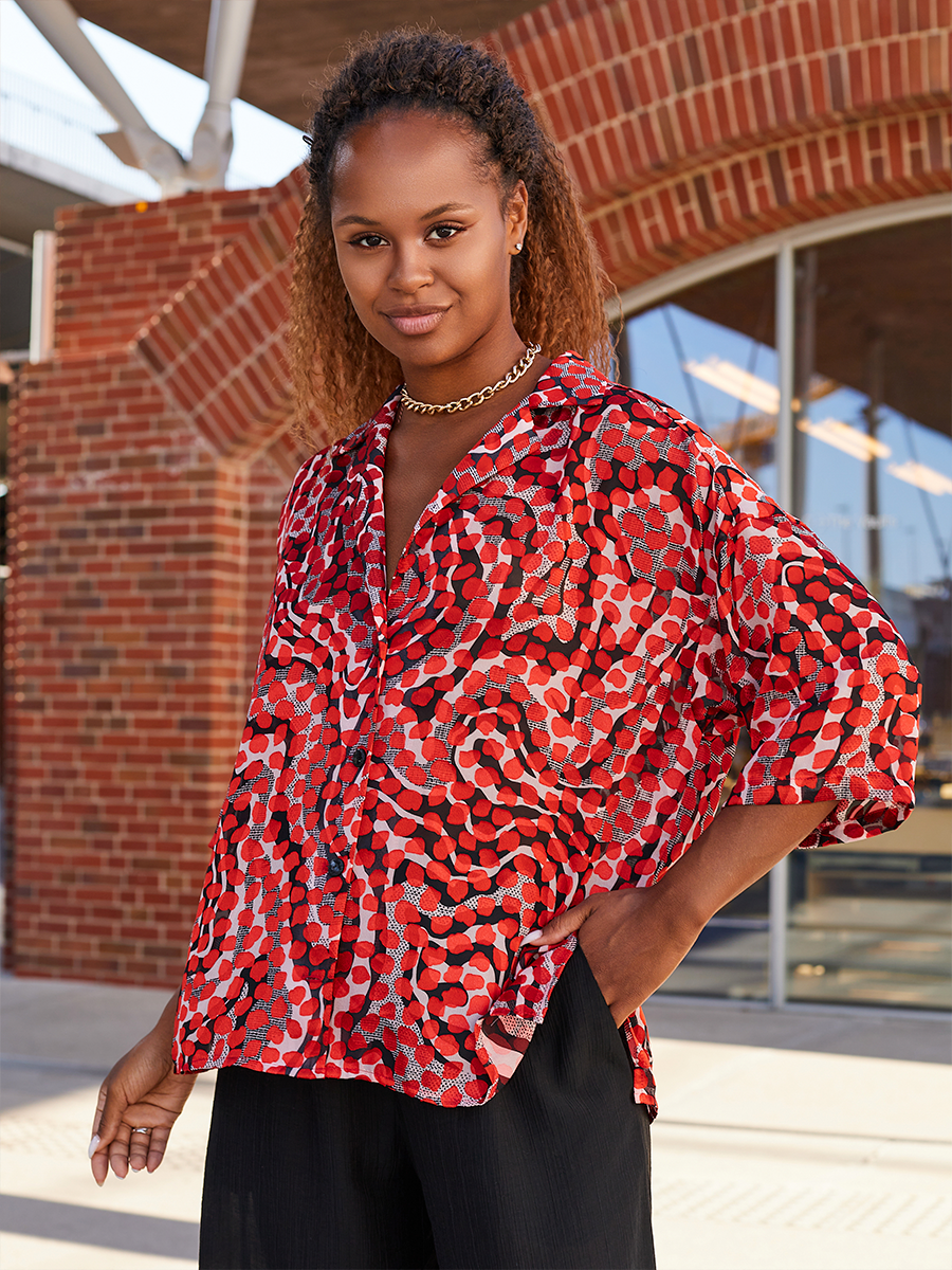 Гавайка блуза-рубашка шифон Валенсия красный р-р L