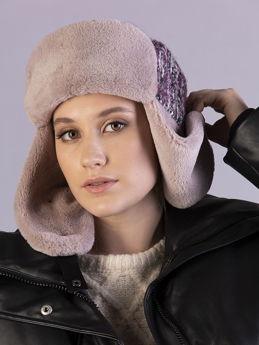 Тиффани ушанка шерсть букле петелька крупная на фл.п. сиреневый + экомех рекс пепельно-розовый