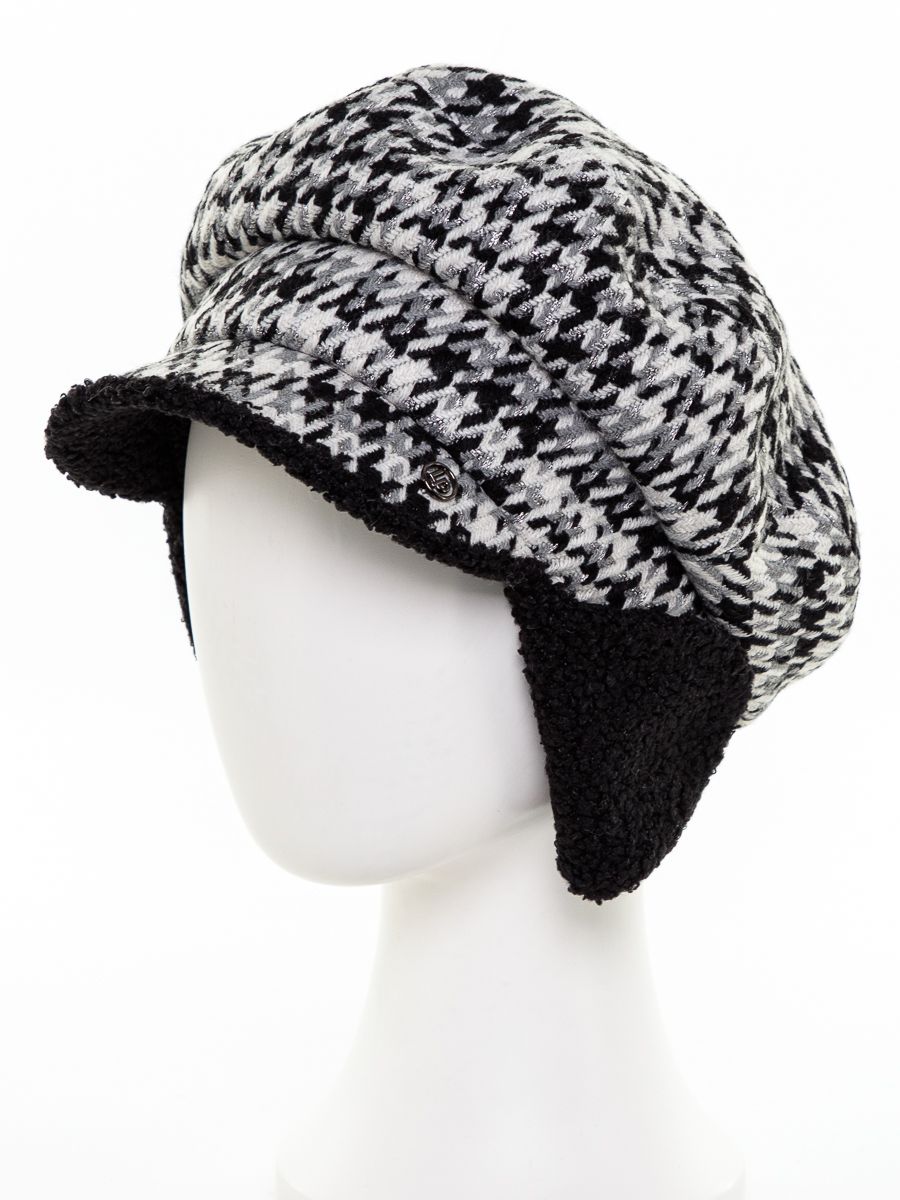 Деми кепка с ушками ткань клетка пье - де- пуль на фл.п. + трикотаж барашек черный р-р 58-59