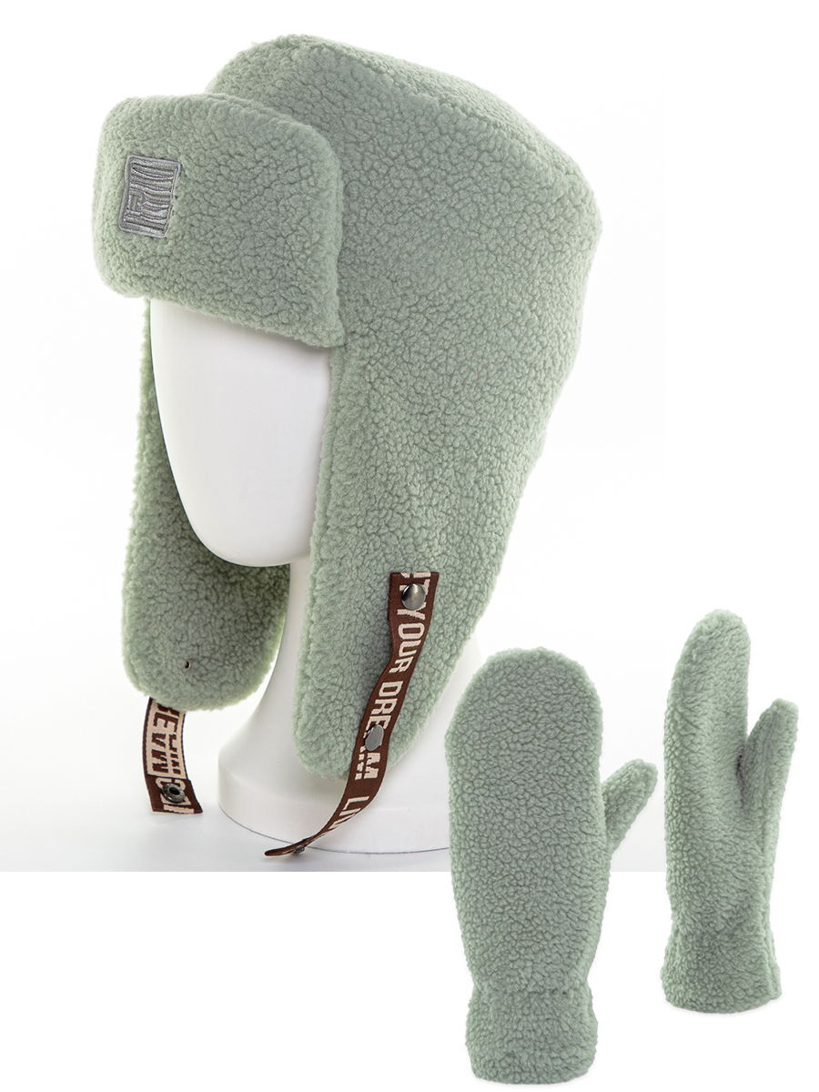 Руна тренд шеврон ушанка + Лого тренд варежки комплект экомех тедди зеленый светлый р-р 58-59