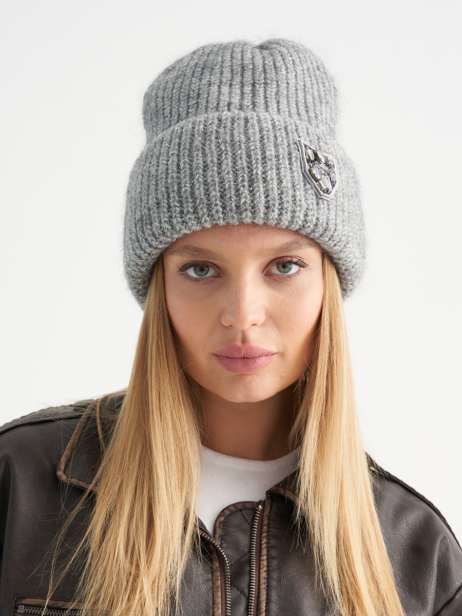 Рафаэла Селия шеврон шапка мохер люрекс серый + серебро