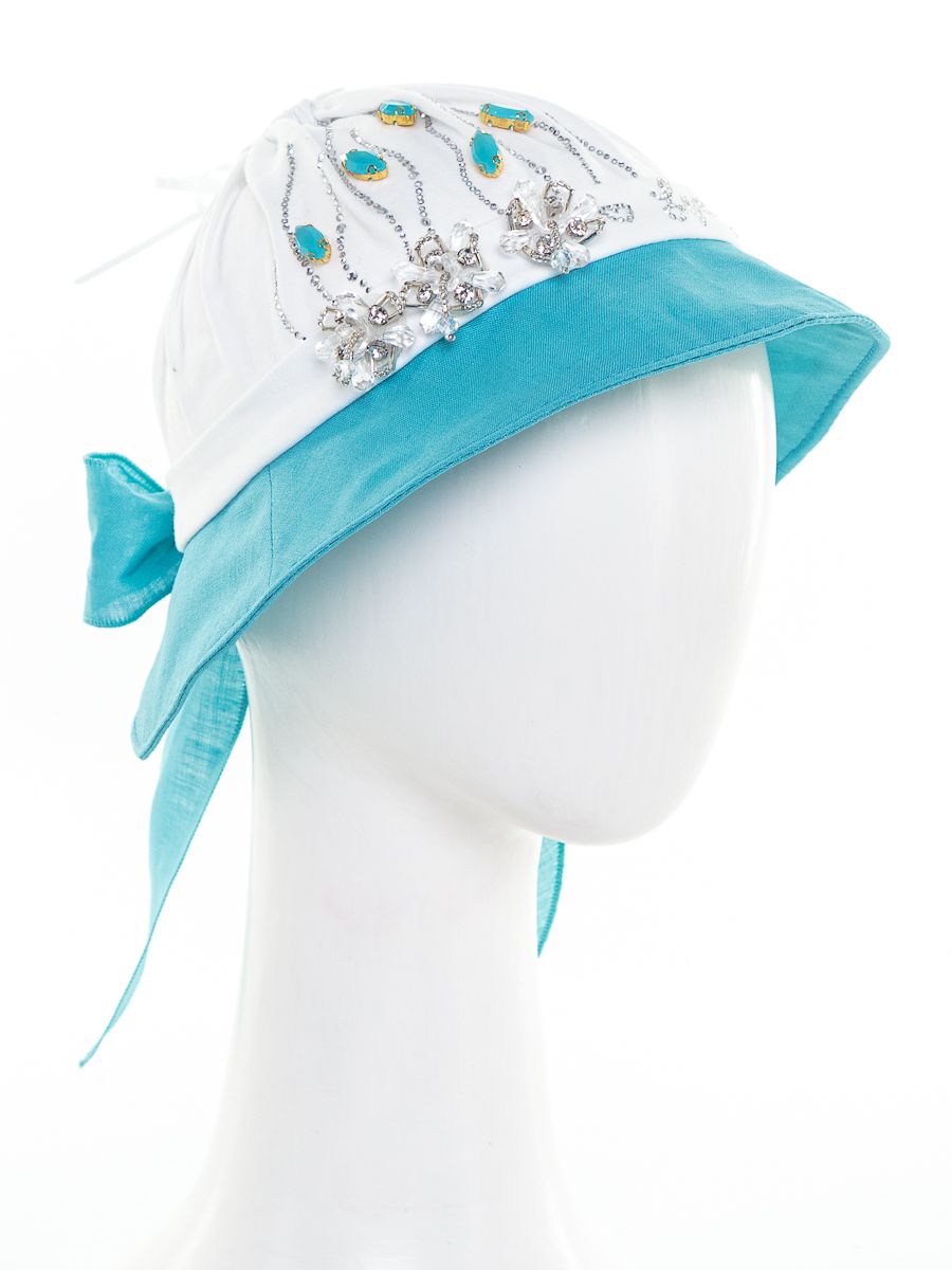 Lovely Flowers шляпка трикотаж Д1 белый + лен аквамарин р-р 46-48