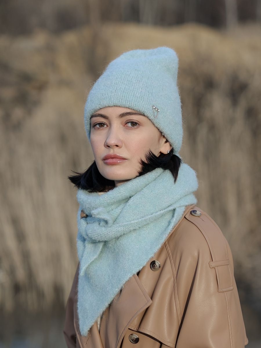 Роза шапка + Пати косынка комплект вязка букле голубой