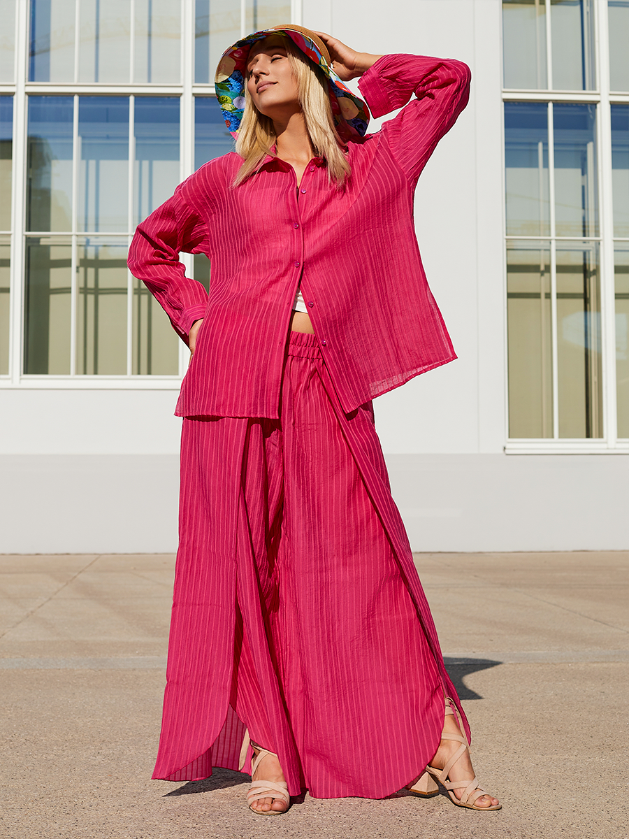 Марсель комплект рубашка + брюки вискоза полоска фуксия р-р M