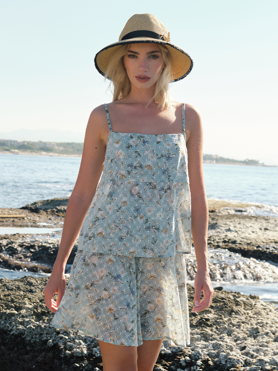 Ибица комплект топ + юбка-шорты шифон Цветы вышивка мятный р-р L