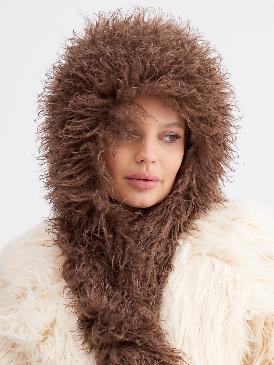 Леона капюшон экомех козлик кофейный + шелк винтаж бежевый