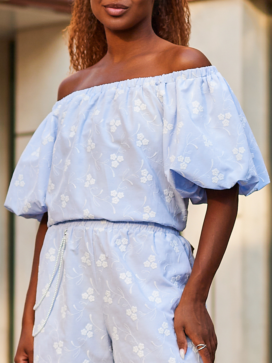 Кэти блуза хлопок Цветы вышивка голубой р-р L