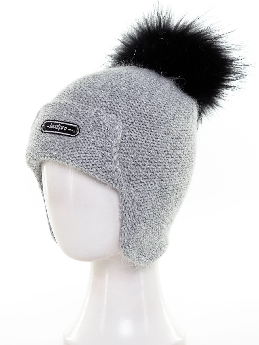 LevelPro лейбл помпон ушанка СЛ вязка серый светлый