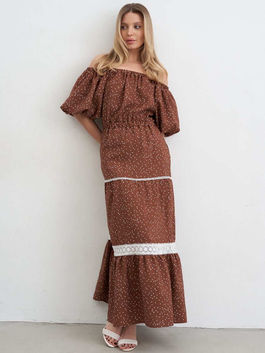 Кармен платье вискоза горошек Конфетти коричневый миндаль р-р 42-44